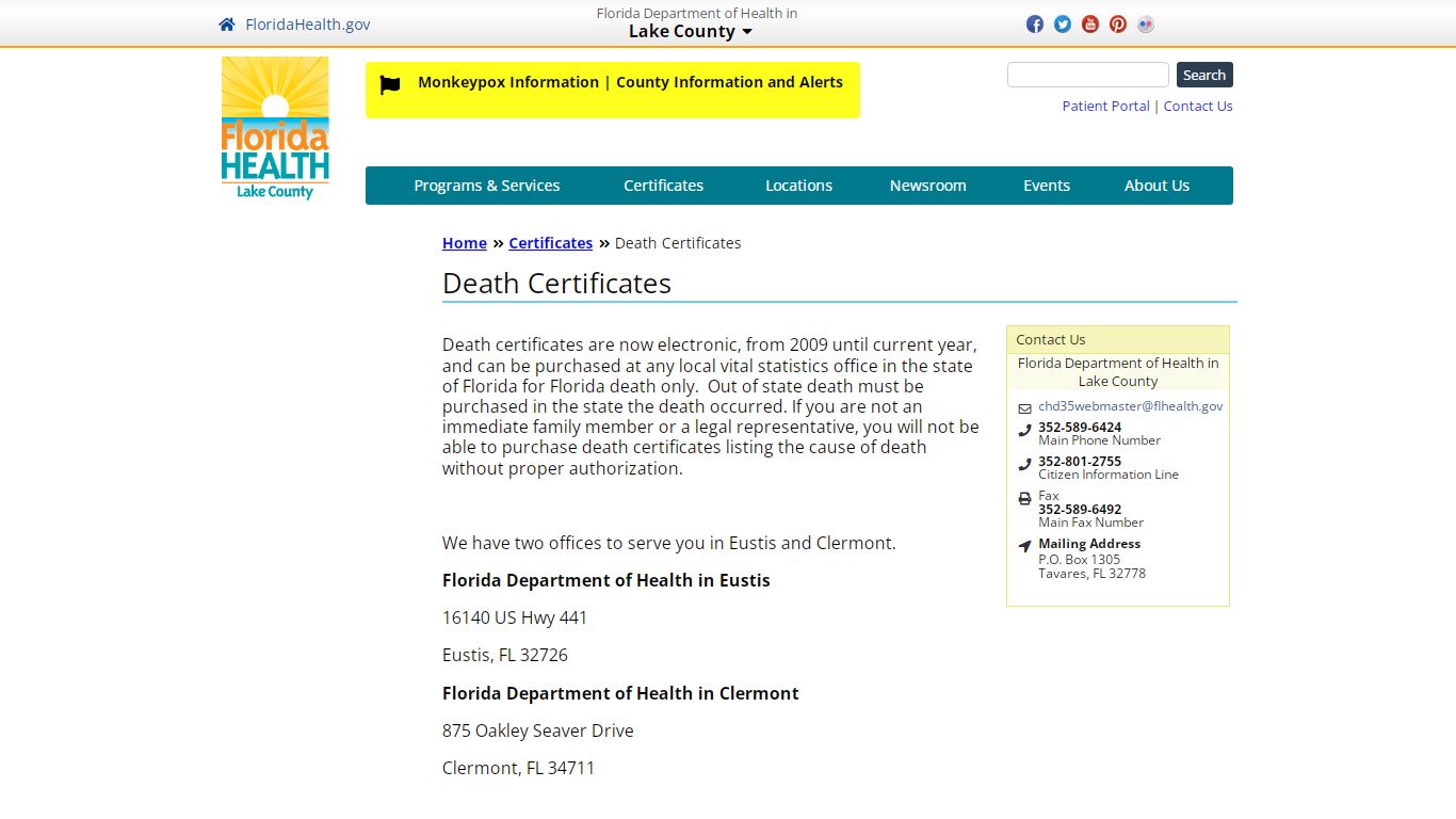 Death Certificates | Florida Department of Health in Lake